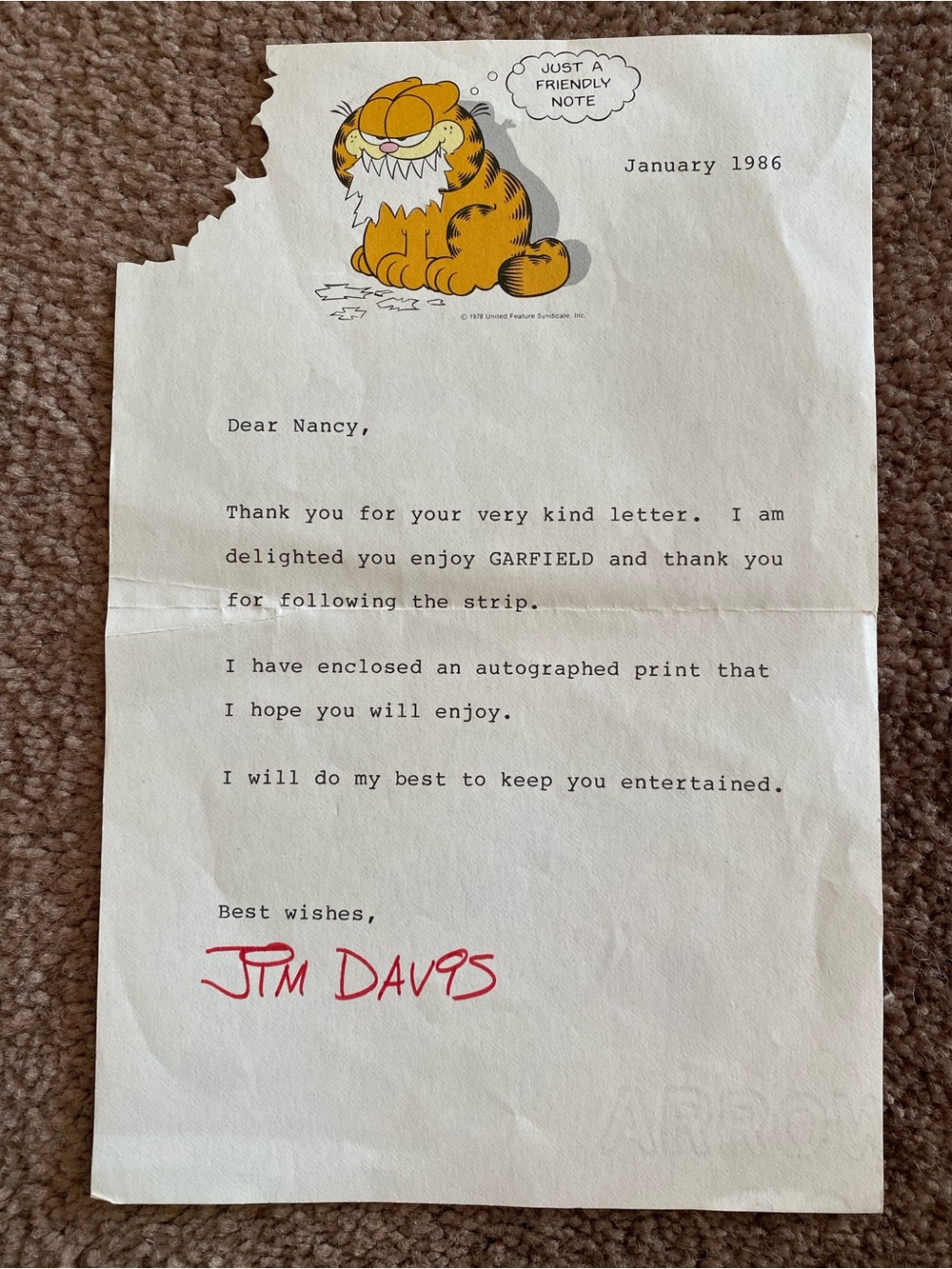 Signed Letter 1986 Jim Davis